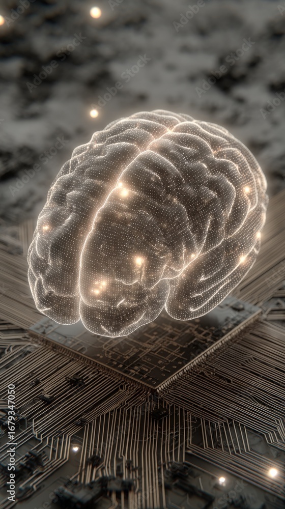 Poster artificial intelligence brain render on circuit board background for technology and medical innovati