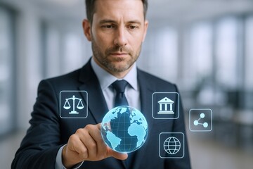 Businessman Touching Holographic Globe Display with Legal, Financial, Global Icons for Technology and Business Solutions