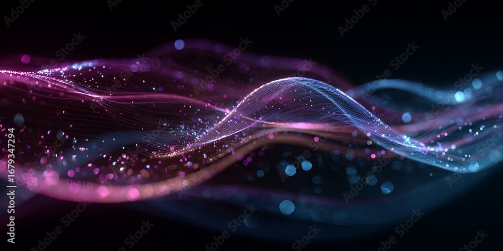 Poster abstract waves of light in blue and pink colors with sparkling particles on dark background