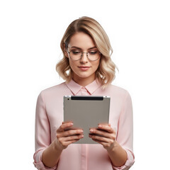 Fototapeta premium Woman in pink shirt wearing glasses looking at tablet on transparent background graphic design isolated on a transparent background
