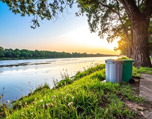Tranquil riverside scene at sunset with a pair of modern waste bins.