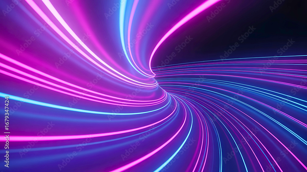 Poster vibrant pink and blue neon light trails twisting in a futuristic digital data tunnel, representing h