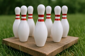 Bowling Pins Arranged on Wooden Platform in Grassy Outdoor Setting for Recreation and Leisure