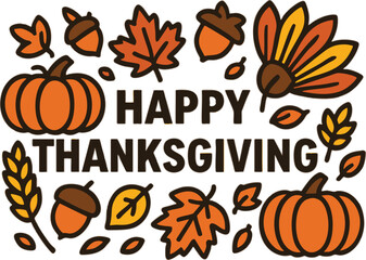 Vector Thanksgiving design with turkey, pumpkins, cornucopia, autumn leaves, feast table, bold outlines, flat solid colors, no gradients, high contrast on plain solid background.