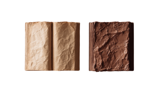 Two open books, one light beige, one dark brown, with crinkled pages