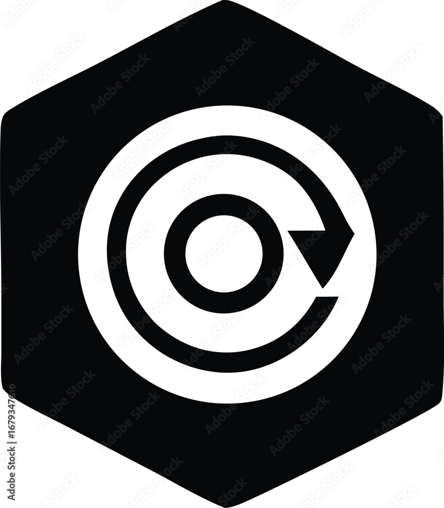 Poster modern hexagonal icon featuring a circular arrow symbol with concentric rings for technology and inn
