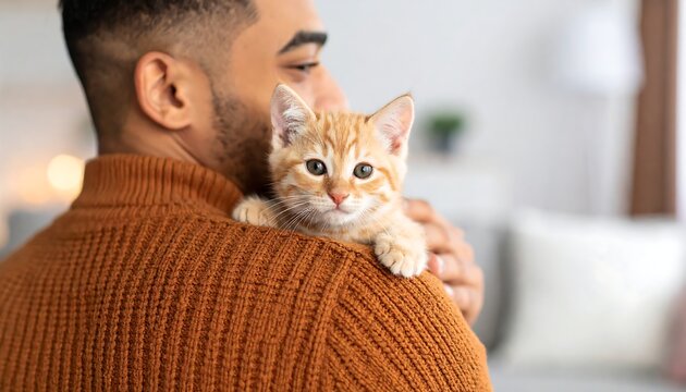 Man holding kitten on shoulder