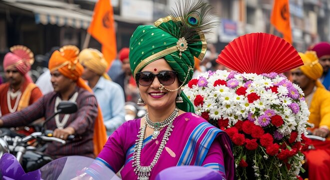 Happy Marathi woman in traditional attire and turban on a decorated scooter in a festival parade.