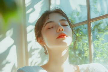 Serene young woman with eyes closed, basking in sunlight filtering through a window.