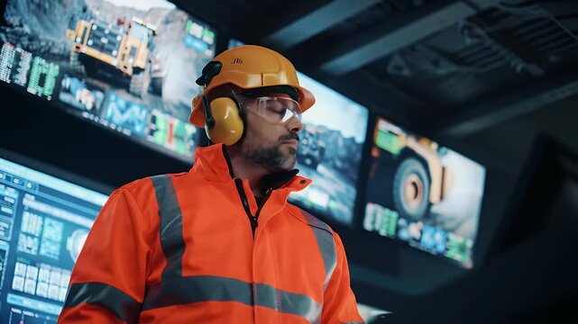 Man in Hard Hat and Safety Vest Supervising Mining Operations With Multiple Display Screens Inside a Control Room
