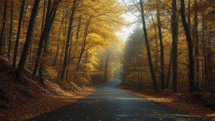 Obraz premium Golden Canopy Over a Winding Road Through a Misty Autumn Forest