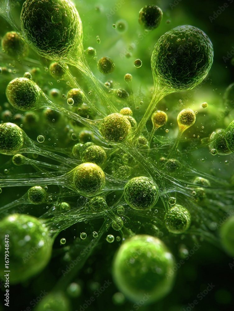 Poster microscopic green cells and viral structures interconnected in an abstract biological environment, r