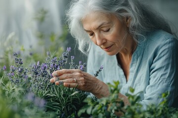 An elderly woman with silver hair gently examines and enjoys the fragrance of a lavender plant.