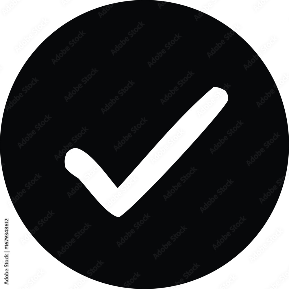 Poster simple black circle with white check mark icon for approval confirmation and success verification