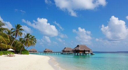 Serene Beach Bungalows on a Tropical Island Azure Waters, White Sand, Palm Trees and Clear Sky for the Ultimate Seaside Vacation