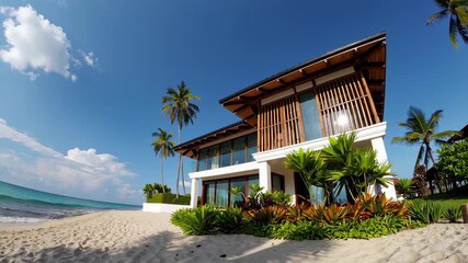 A modern beach house with large glass windows stands on soft white sand, surrounded by palm trees and lush greenery. The clear blue ocean and sky create a relaxing, tropical atmosphere on a sunny day.