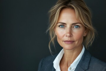 A confident middle-aged woman with blonde hair and blue eyes, wearing a business suit, gazes directly at the camera.