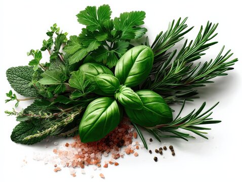 Fresh Culinary Herbs Assortment: Basil, Parsley, Rosemary, Mint, and Salt on White Background