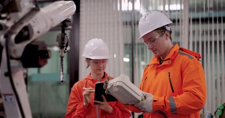 Engineer explaining robotic arm controller to female trainee in slowmotion automation workshop while demonstrating welding robot setup for manufacturing process under industry40 training environment