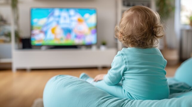 Toddler in blue pajamas watching cartoon on television — concept of media consumption, childhood and modern parenting