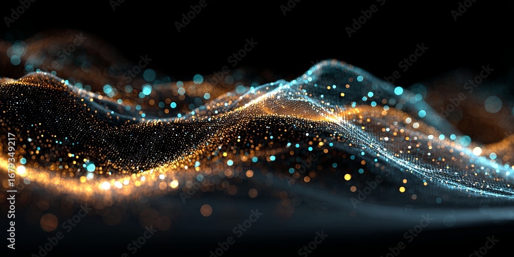 Poster abstract digital landscape with shimmering particles creating a wave of color and light in a dark ba