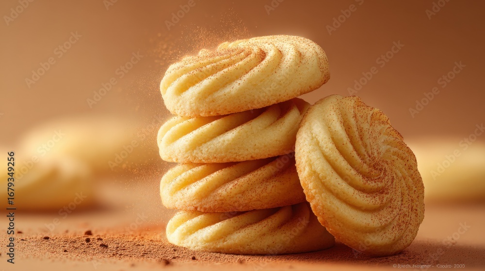 Poster stacked butter cookies with a swirl pattern and cocoa powder dusting, perfect for dessert presentati
