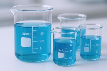Beakers with Blue Liquid: Scientific Research and Experimentation in a Laboratory Setting