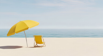 Imagine relaxing on this pristine beach with a vibrant yellow umbrella and chair offering shade and comfort on a sunny day, perfect for vacation vibes