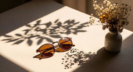 Chic amber sunglasses and pretty dried floral arrangement cast graceful shadows on wood table in warm sunlight, perfect for summer style and home decor