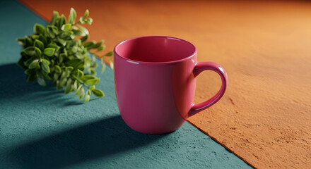 Sip your morning coffee from this vibrant pink mug, paired with a lush green plant, adding a touch of serenity and color to your daily ritual now