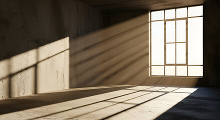 Light streams through window casting stunning shadows in minimalist room, perfect for showcasing products or adding depth to interior design concepts and creative visions