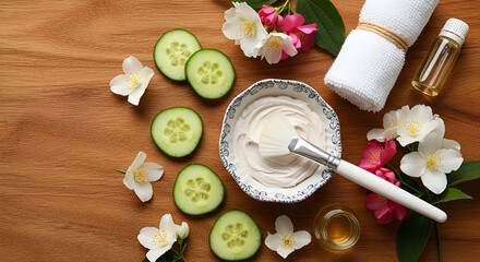 Luxurious skincare treatment with natural ingredients for a refreshing spa day at home with a facial mask, cucumber, and essential oils