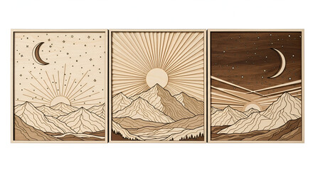 Stunning triptych of mountain landscapes featuring sun, moon and stars in natural wood for serene home decor, bringing nature indoors, modern art prints