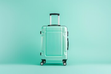 Obraz premium A closed teal suitcase with a retractable handle and four wheels on a teal background