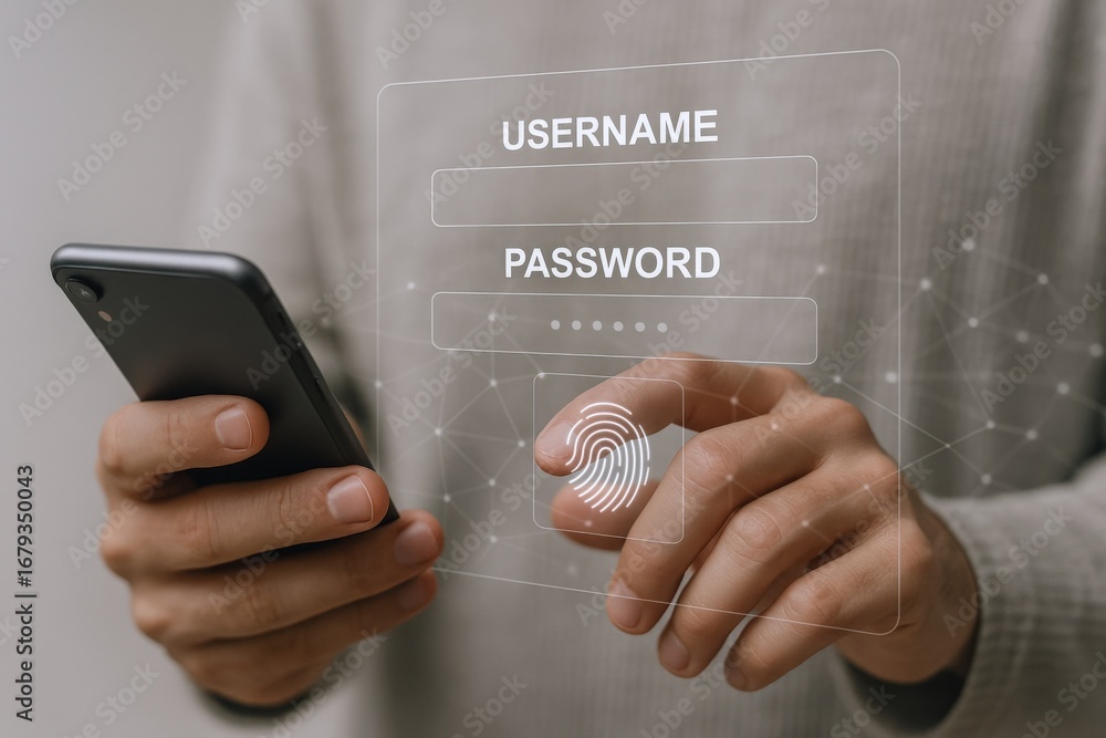 Aufkleber secure mobile access: man authenticating online with fingerprint and smartphone technology for data 