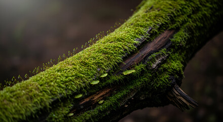Discover vibrant moss textures on a fallen log, a captivating look into nature's beauty for environmental projects or serene woodland themed designs