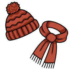 A vector illustration of a cozy reddish-brown winter hat with a pompom and a matching scarf, presented in a simplistic, hand-drawn style, perfect for seasonal designs.