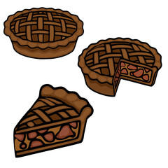 A vector illustration featuring three variations of a delicious-looking brown pie, one whole, one with a slice removed, and one as a single slice, showcasing a lattice crust and a rich, textured fi...