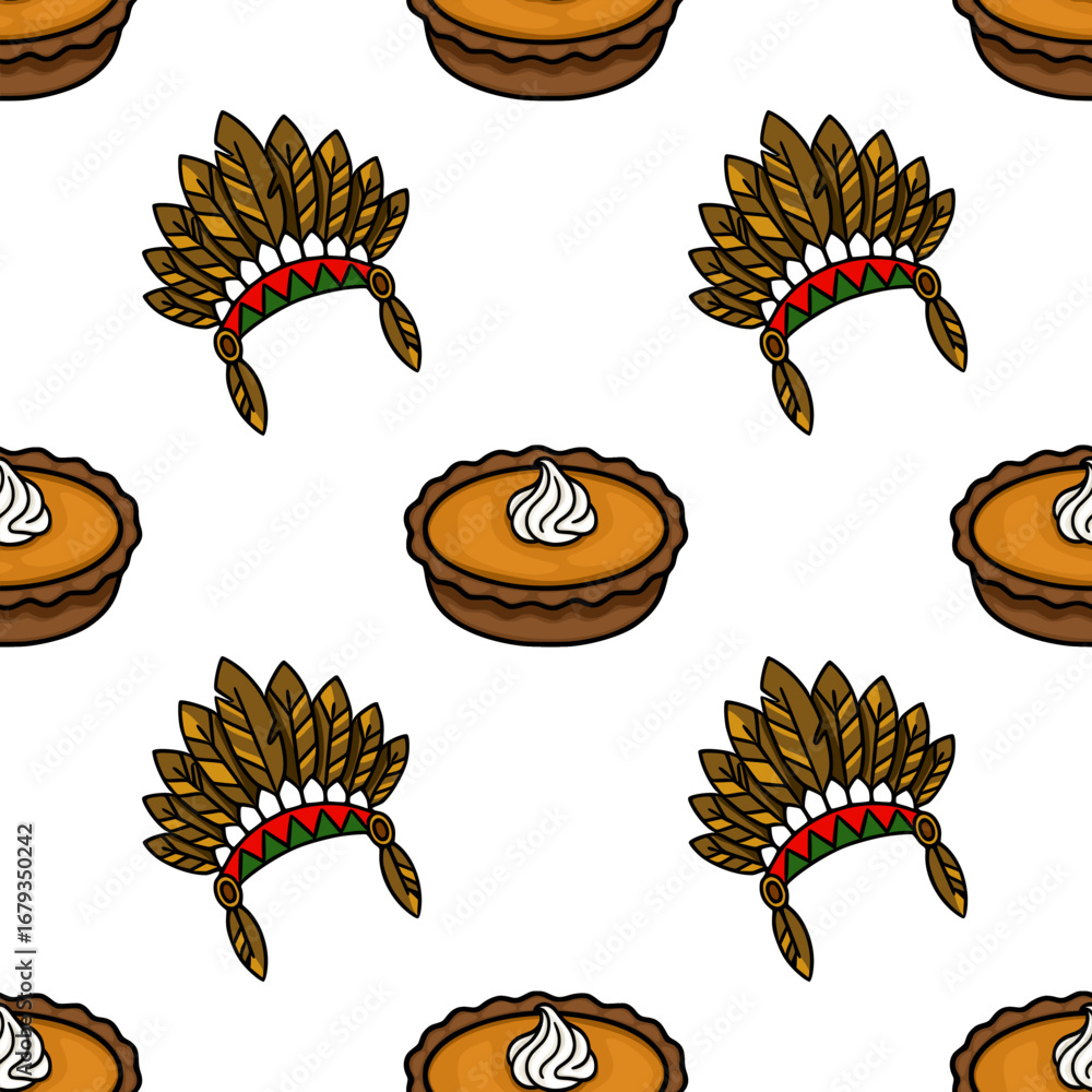 Poster seamless vector pattern featuring alternating images of a delicious pumpkin pie with whipped cream a