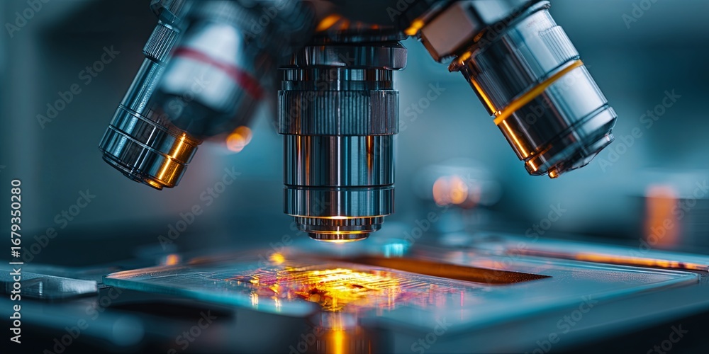 Poster close-up view of high-tech microscope lens focusing on glass slide in laboratory setting with bright
