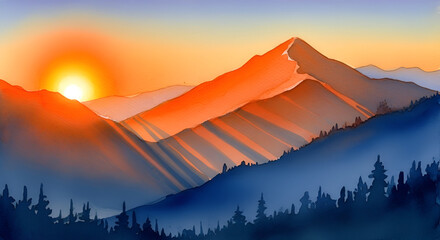 Stunning watercolor painting of mountain landscape at sunset with vibrant orange glow over misty forest, creating a peaceful and serene atmosphere for nature lovers