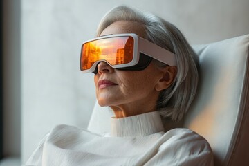 An older woman wearing futuristic goggles, experiencing a virtual cityscape reflected in the lenses.