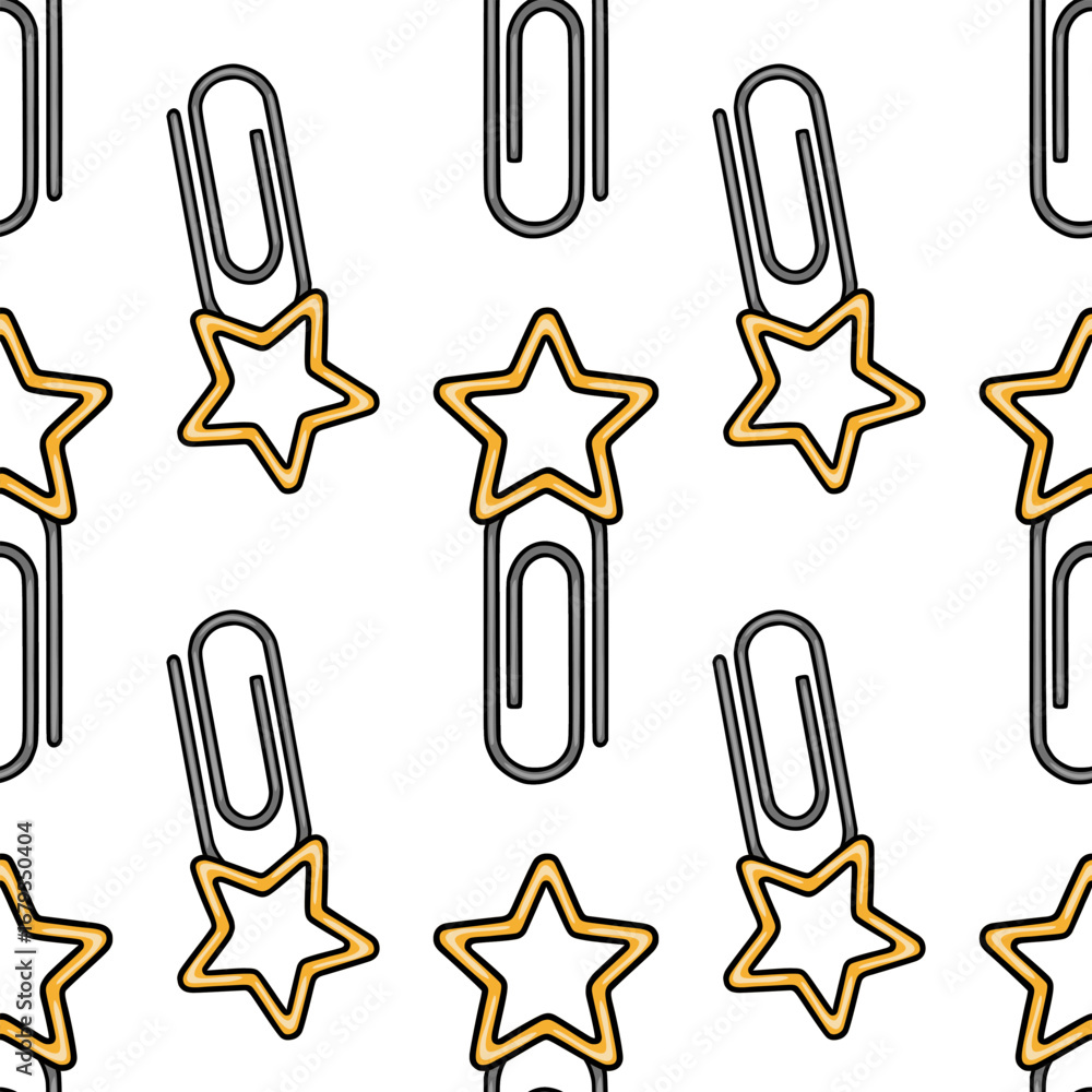 Poster seamless vector pattern featuring playful grey paperclips adorned with golden stars, creating a chee