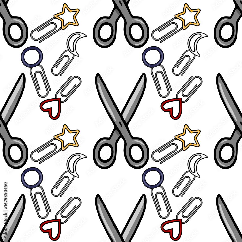 Poster seamless vector pattern featuring playful stationery items like scissors, paperclips adorned with he