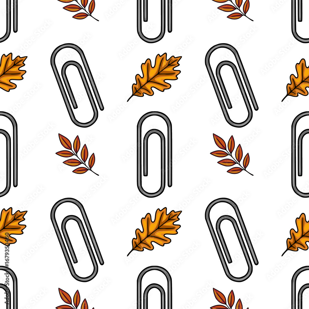Poster seamless vector pattern featuring gray paperclips and autumn leaves in orange and red hues, creating