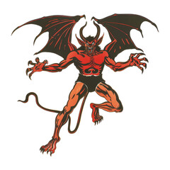 Fototapeta premium A scary red demon Satan in Vintage Retro Mid-Century Clipart style isolated