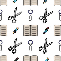 Seamless vector pattern of cute hand-drawn stationery items: scissors, paper clips, pencils, and notebooks, ideal for kids projects or office supplies design.