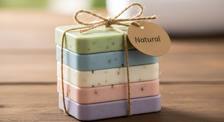 Beautiful stack of colorful natural soaps tied with twine perfect for spa treatment, healthy skin care routine, or luxurious bathroom decor, eco friendly lifestyle