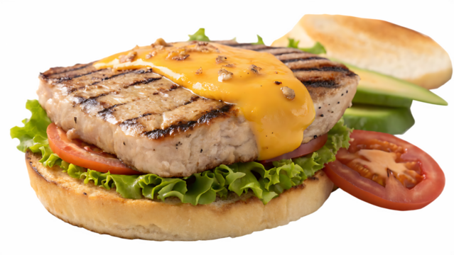Tuna melt burger with seared tuna steak, cheddar cheese, lettuce, tomato, toasted bun, white background, no text