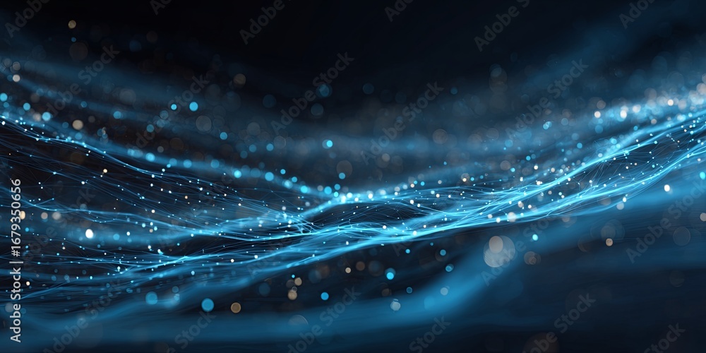 Poster abstract technology background with blue lines and light particles for digital and scientific concep